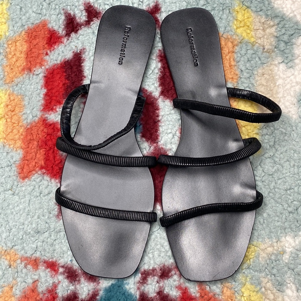 Reformation black leather triple strap sandals